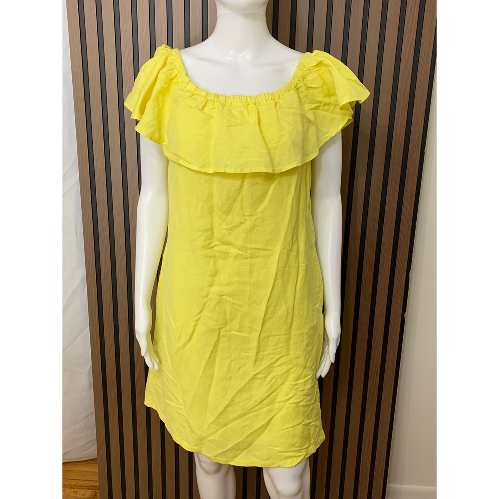 Tommy Bahama Women's Yellow Linen Ruffle Off Shoulder Pocket Shift Dress M